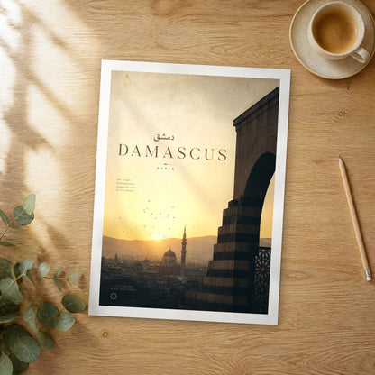 Unframed Damascus bold typography travel poster on a wooden table