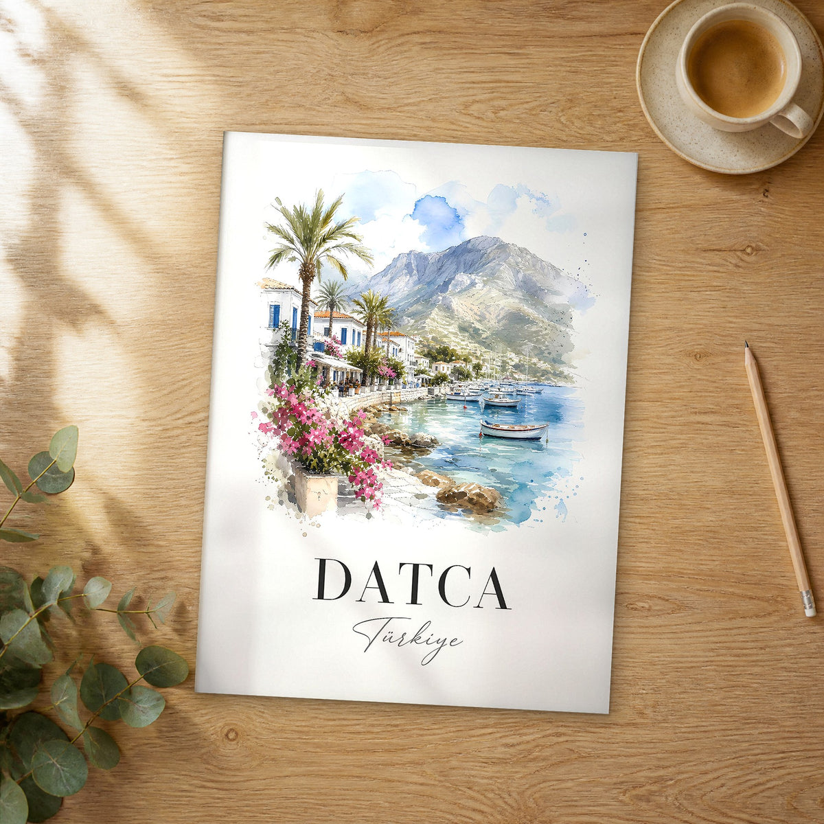 Unframed Datca watercolor travel poster on a wooden table