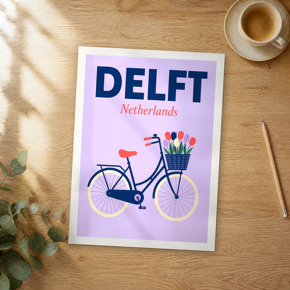 Unframed Delft pop art travel poster on a wooden table