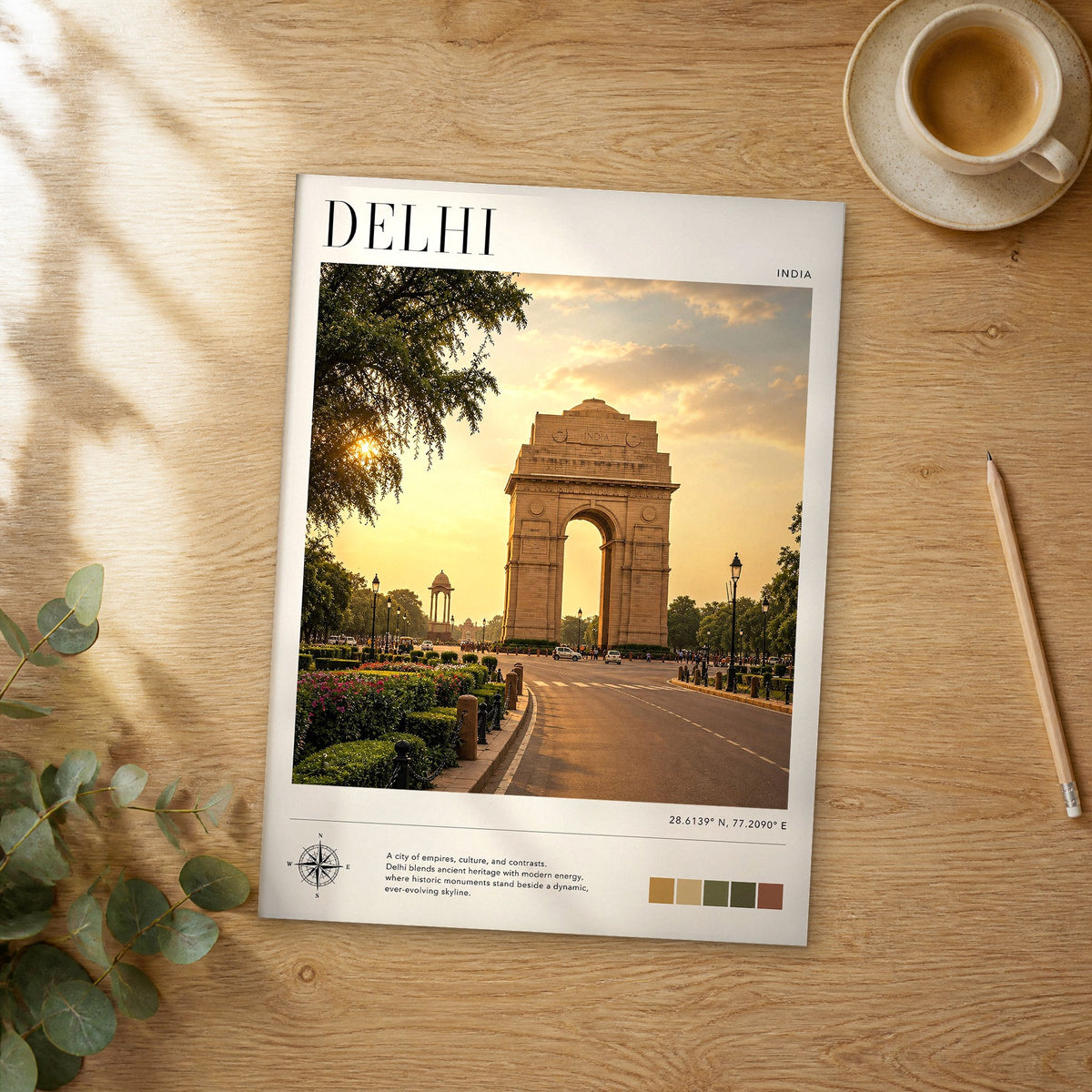 Unframed Delhi modern photography travel poster on a wooden table
