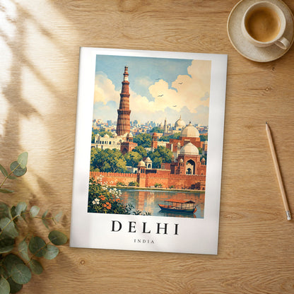 Unframed Delhi vintage travel poster on a wooden table