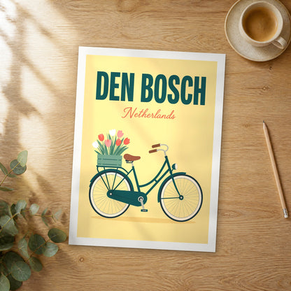 Unframed Den Bosch pop art travel poster on a wooden table