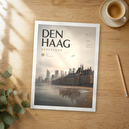 Unframed Den Haag bold typography travel poster on a wooden table