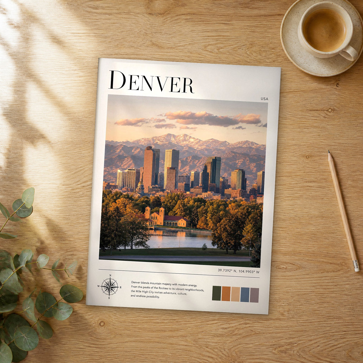 Unframed Denver modern photography travel poster on a wooden table