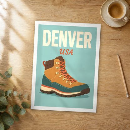 Unframed Denver pop art travel poster on a wooden table