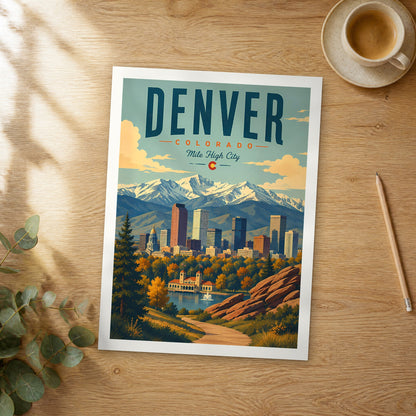 Unframed Denver retro travel poster on a wooden table
