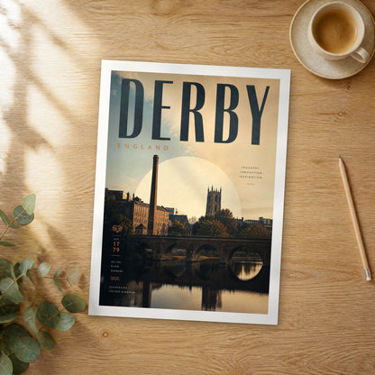 Unframed Derby bold typography travel poster on a wooden table