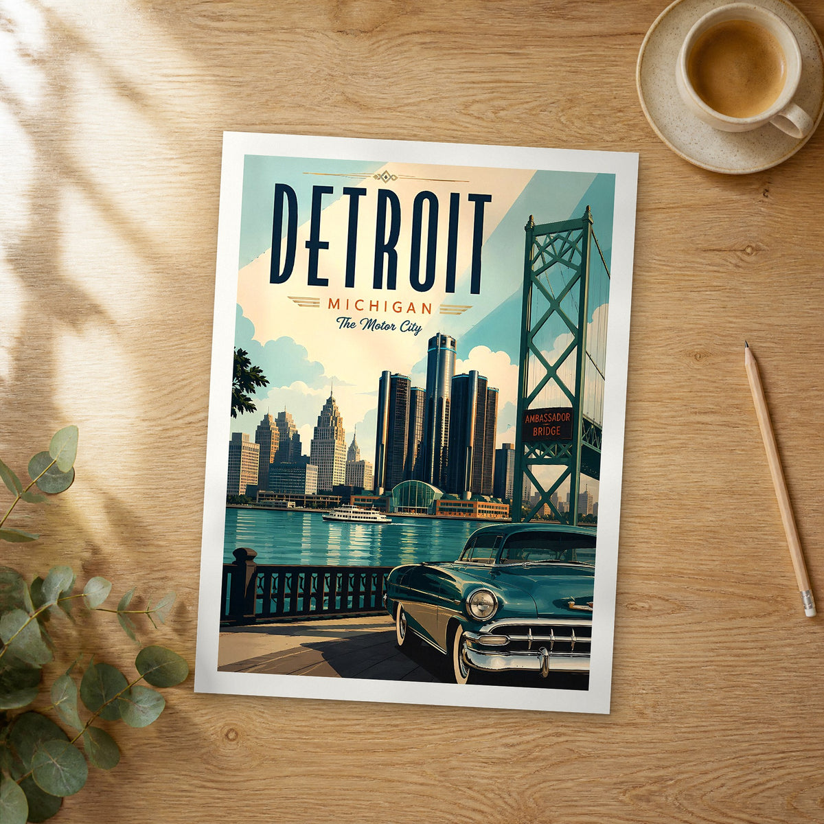 Unframed Detroit retro travel poster on a wooden table