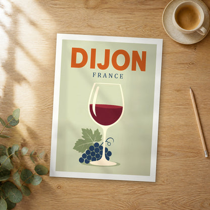 Unframed Dijon pop art travel poster on a wooden table