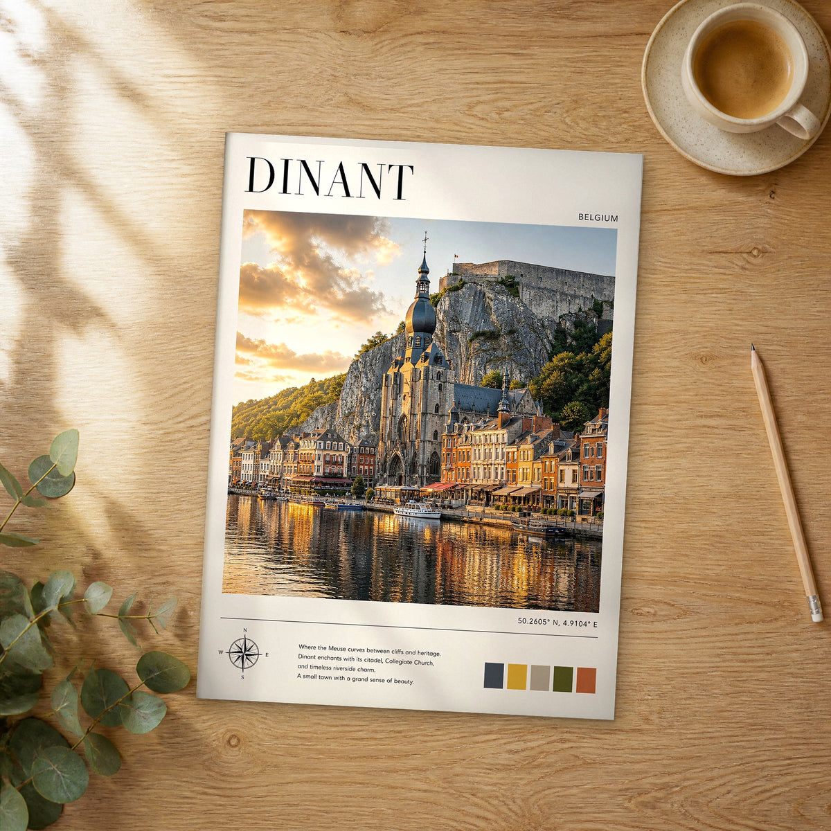 Unframed Dinant modern photography travel poster on a wooden table