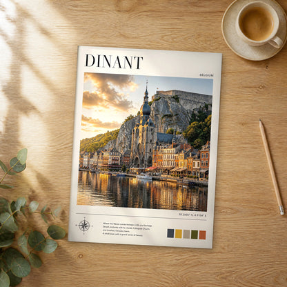 Unframed Dinant modern photography travel poster on a wooden table