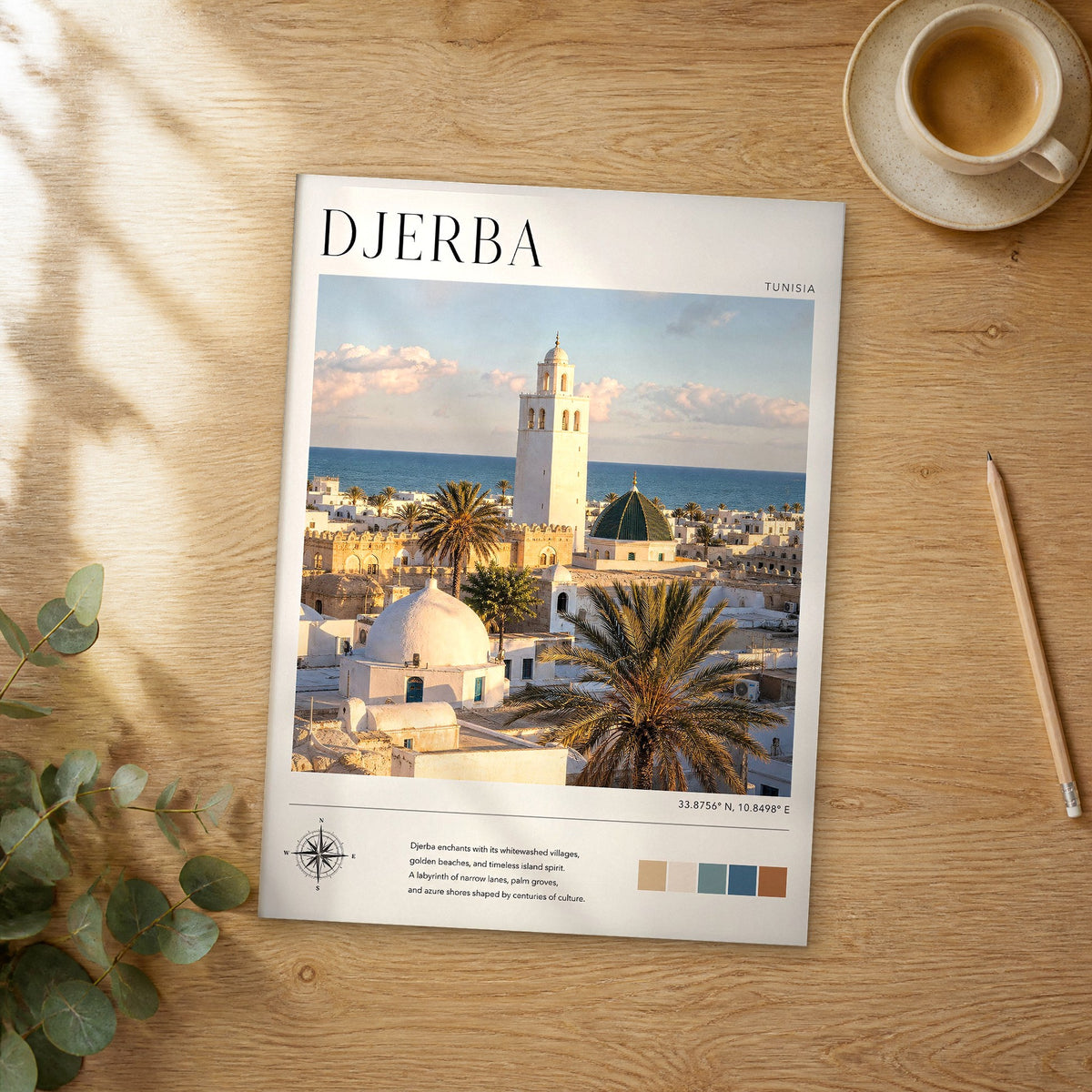 Unframed Djerba modern photography travel poster on a wooden table