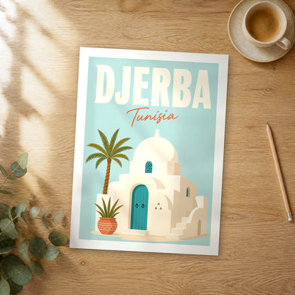 Unframed Djerba pastel pop art travel poster on a wooden table