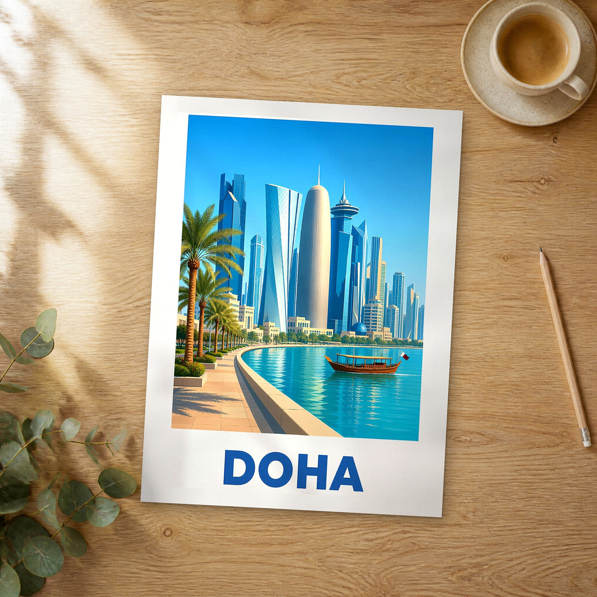 Unframed Doha modern digital travel poster on a wooden table