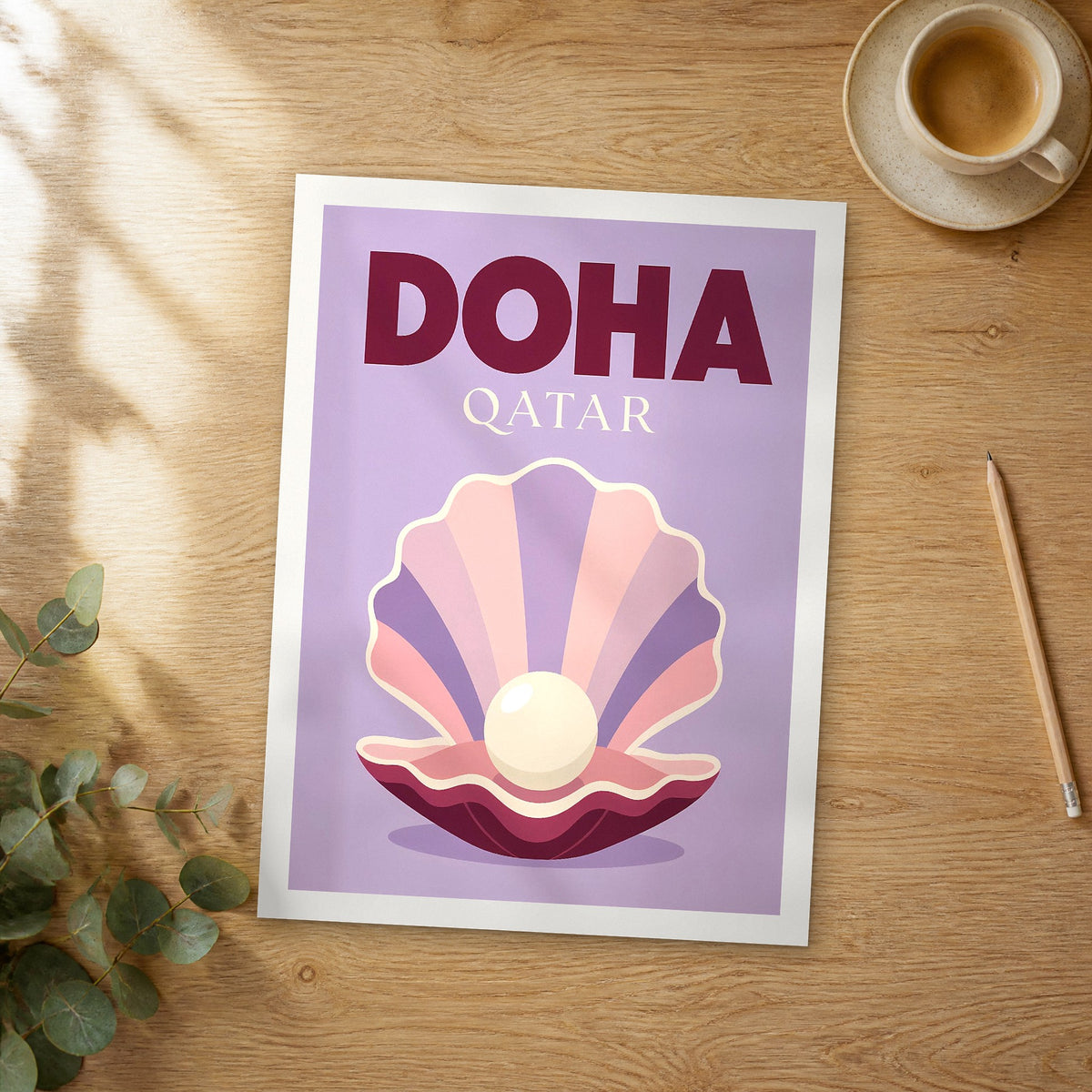 Unframed Doha pop art travel poster on a wooden table
