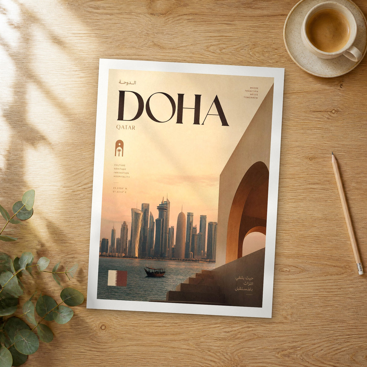 Unframed Doha West Bay Skyline Sunset bold typography travel poster on a wooden table