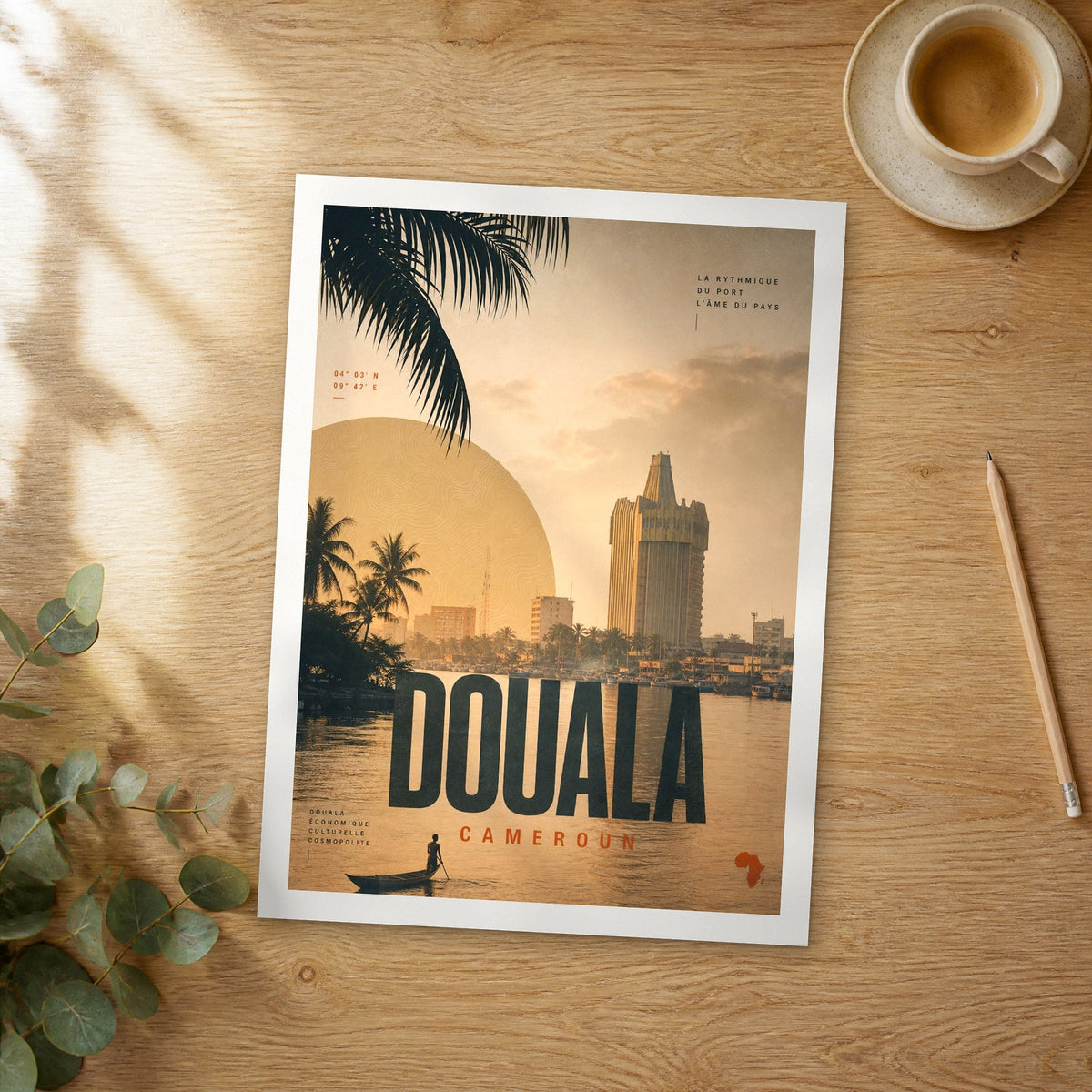 Unframed Douala bold typography travel poster on a wooden table