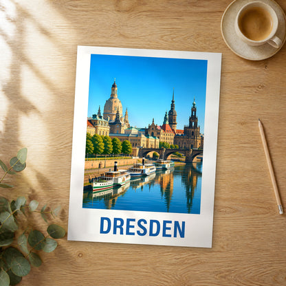 Unframed Dresden modern digital travel poster on a wooden table