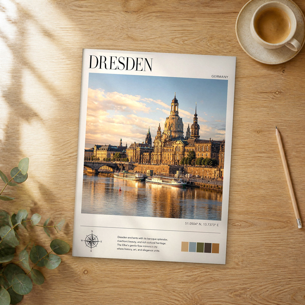 Unframed Dresden modern photography travel poster on a wooden table