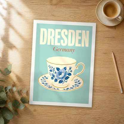 Unframed Dresden pop art travel poster on a wooden table