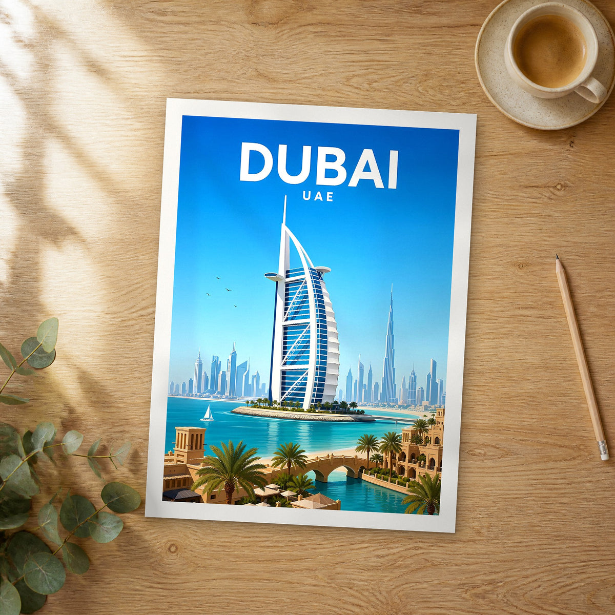 Unframed Dubai Burj Al Arab vibrant digital travel poster on a wooden table