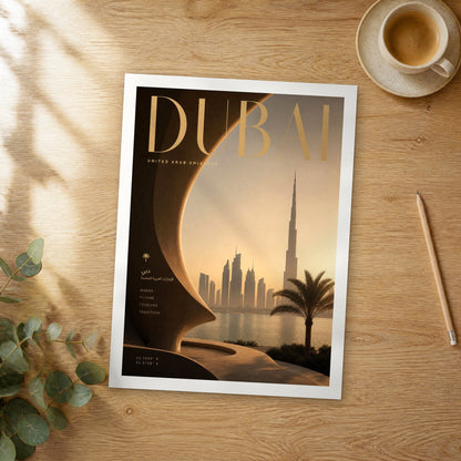 Unframed Dubai Burj Khalifa at Sunset bold typography travel poster on a wooden table