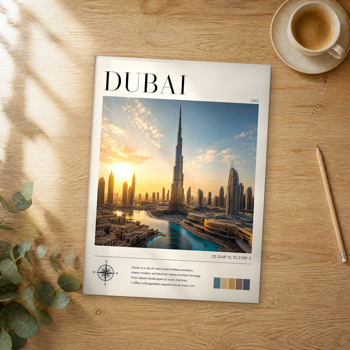 Unframed Dubai Burj Khalifa at Sunset modern photography travel poster on a wooden table