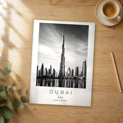 Unframed Dubai Burj Khalifa Skyline black and white travel poster on a wooden table