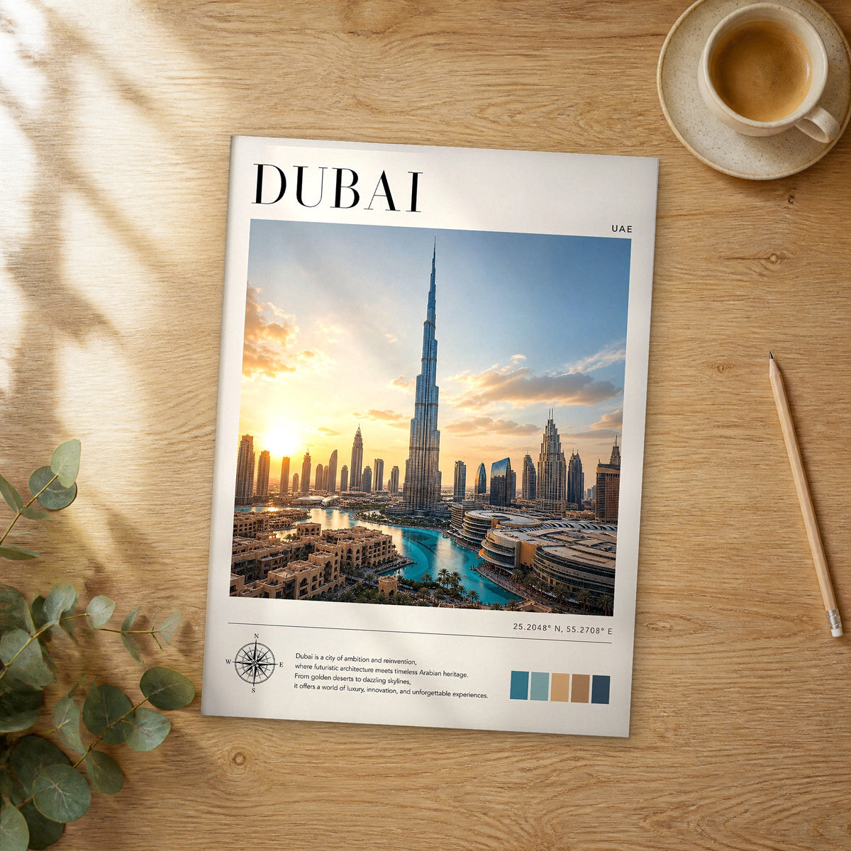 Unframed Dubai Downtown Skyline modern photography travel poster on a wooden table