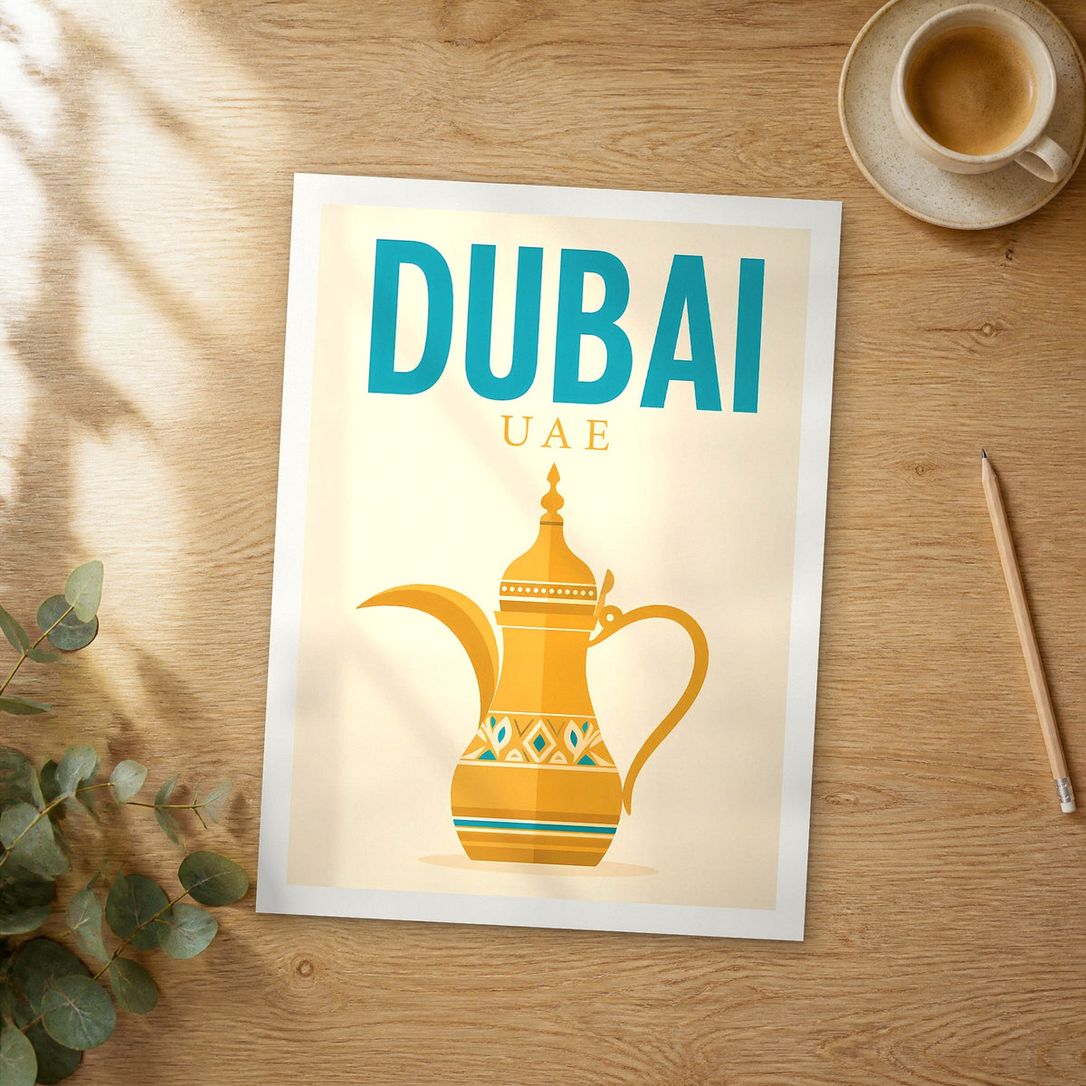Unframed Dubai Golden Dallah Coffee Pot pop art travel poster on a wooden table