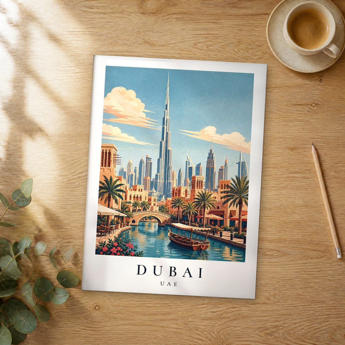 Unframed Dubai Old Town Abra Boat vintage travel poster on a wooden table