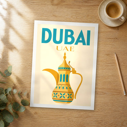 Unframed Dubai Ornate Arabic Dallah pop art travel poster on a wooden table