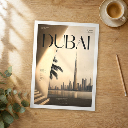 Unframed Dubai Skyline Through Archway bold typography travel poster on a wooden table