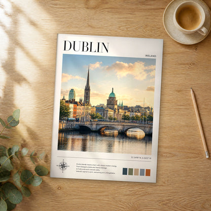 Unframed Dublin modern photography travel poster on a wooden table