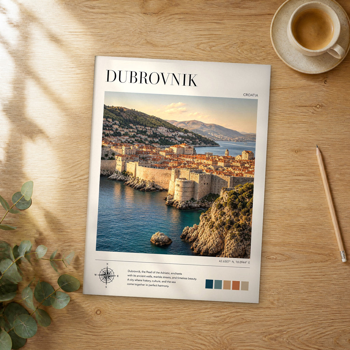 Unframed Dubrovnik modern photography travel poster on a wooden table
