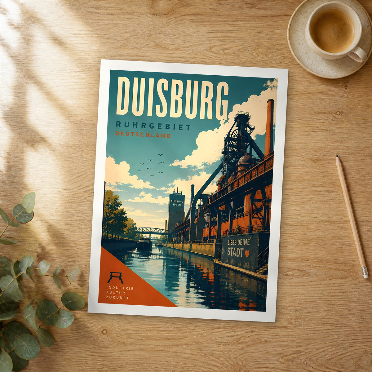 Unframed Duisburg retro travel poster on a wooden table