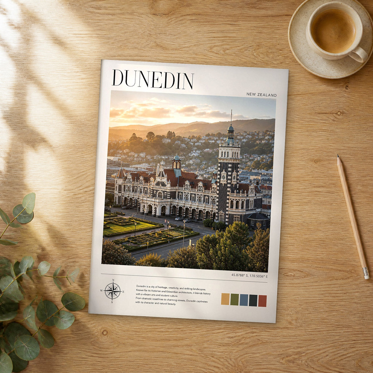 Unframed Dunedin modern photography travel poster on a wooden table