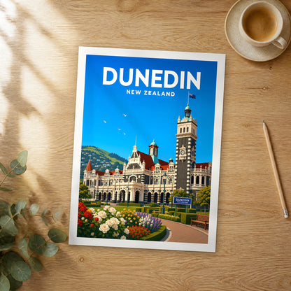 Unframed Dunedin vibrant digital travel poster on a wooden table