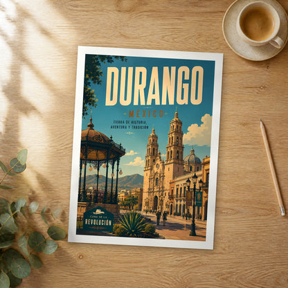 Unframed Durango retro travel poster on a wooden table