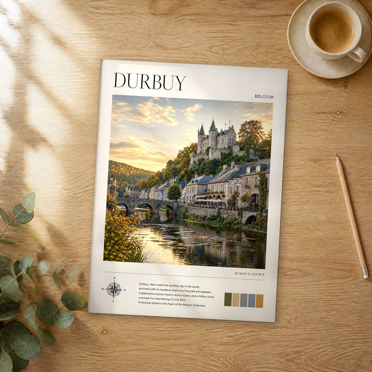 Unframed Durbuy modern photography travel poster on a wooden table