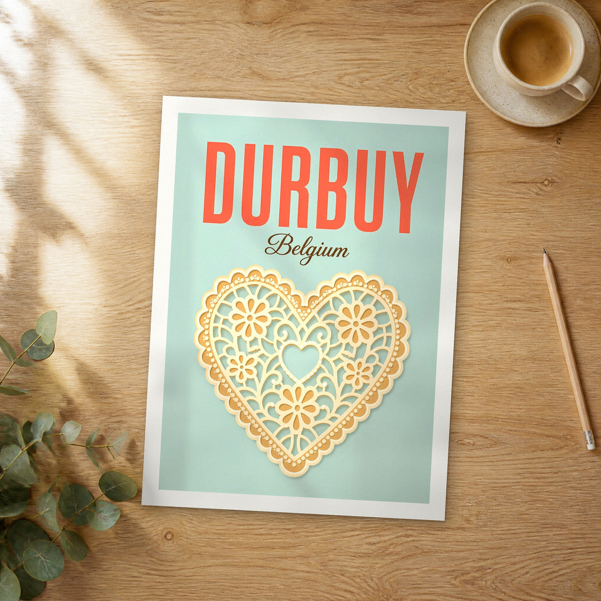 Unframed Durbuy pop art travel poster on a wooden table