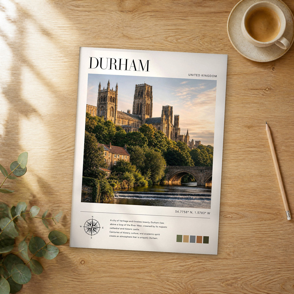 Unframed Durham modern photography travel poster on a wooden table