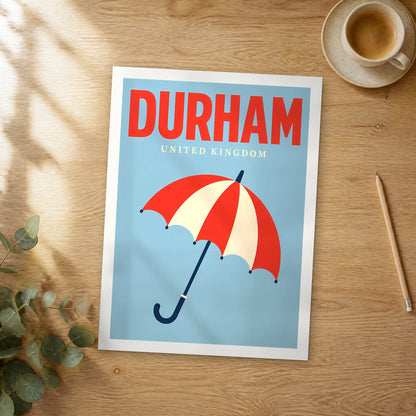 Unframed Durham pop art travel poster on a wooden table