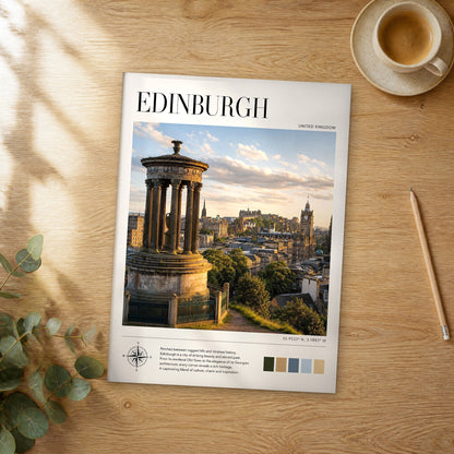 Unframed Edinburgh modern photography travel poster on a wooden table
