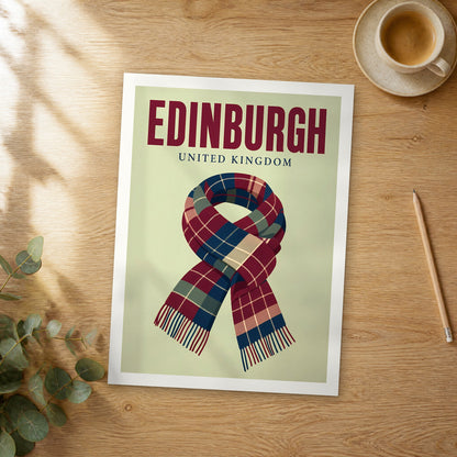 Unframed Edinburgh pop art travel poster on a wooden table