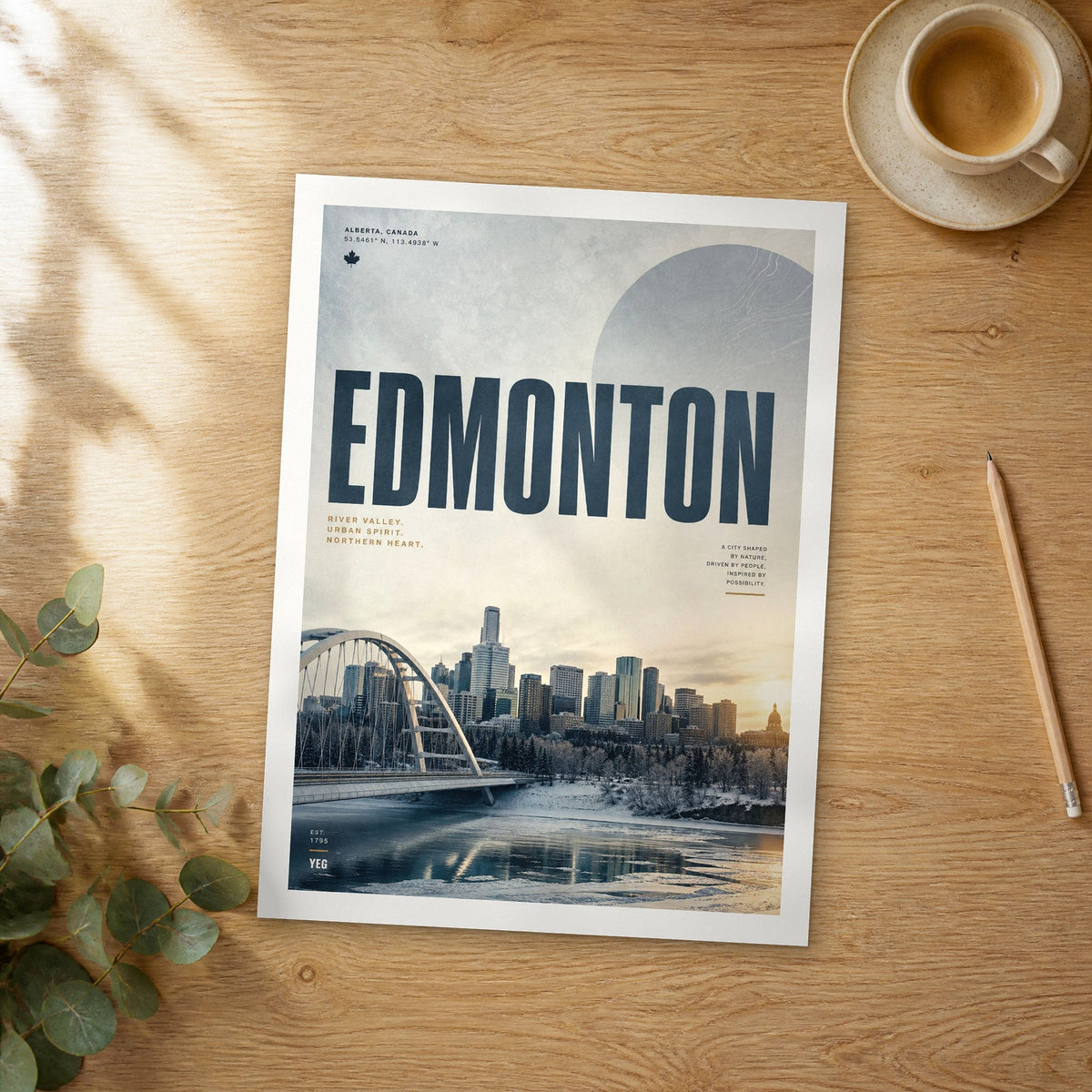 Unframed Edmonton bold typography travel poster on a wooden table