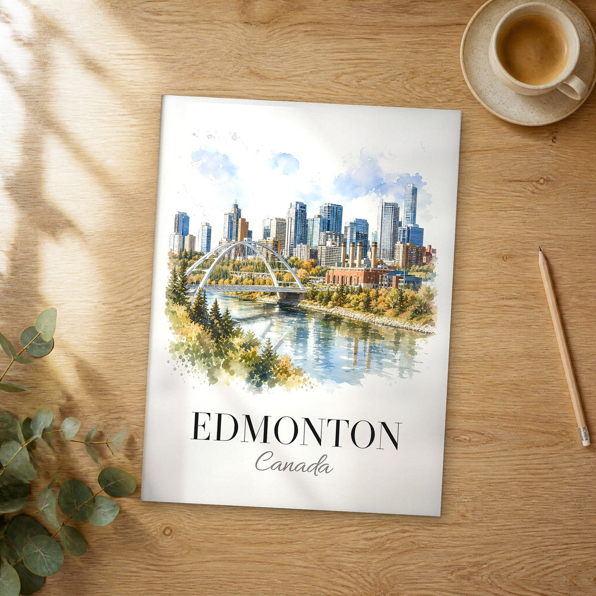 Unframed Edmonton watercolor travel poster on a wooden table