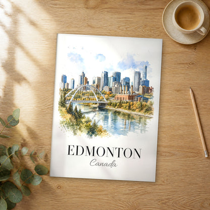 Unframed Edmonton watercolor travel poster on a wooden table