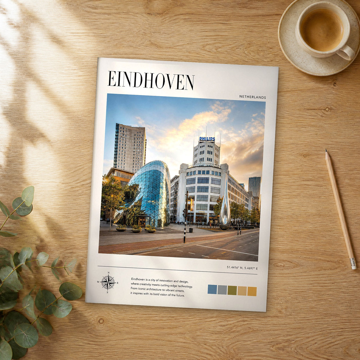 Unframed Eindhoven modern photography travel poster on a wooden table