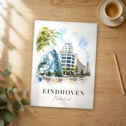 Unframed Eindhoven watercolor travel poster on a wooden table